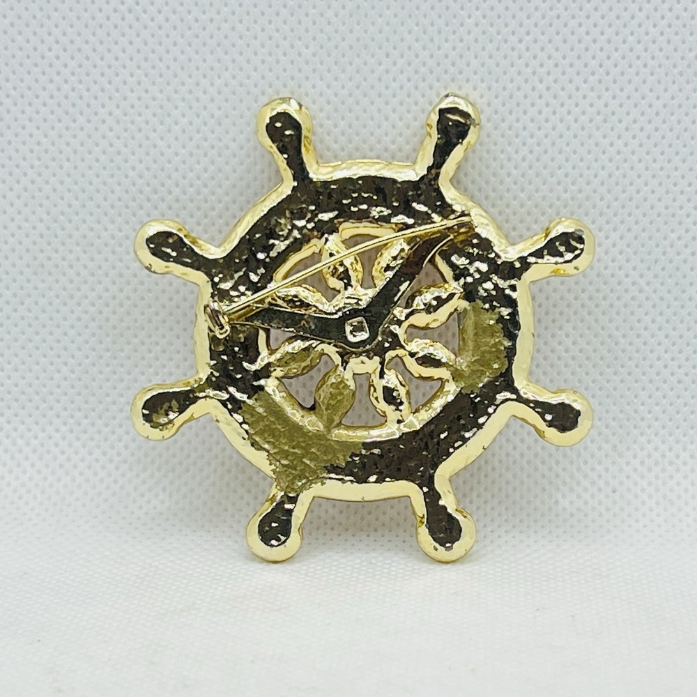 Vintage Gold Tone Ship Wheel Boat Helm Nautical Brooch Pin‎ Enamel - Picture 3 of 6